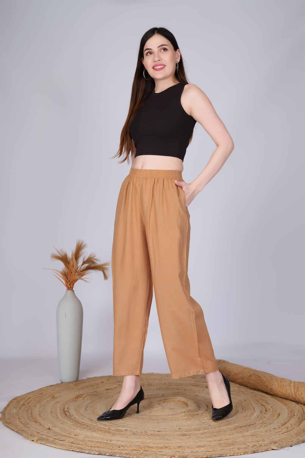 Dark Beige Straight Palazzo Pants