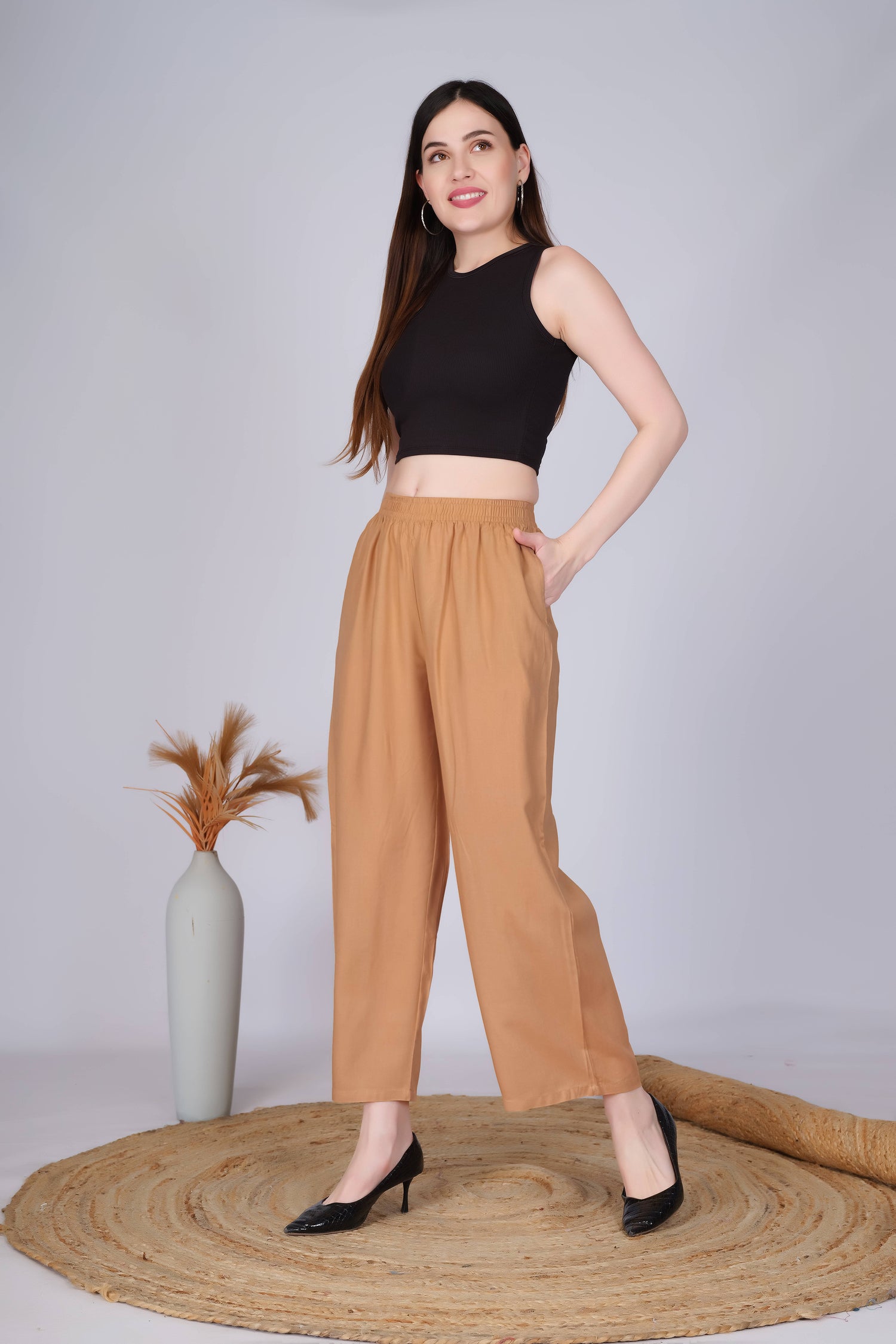 Dark Beige Straight Palazzo Pants