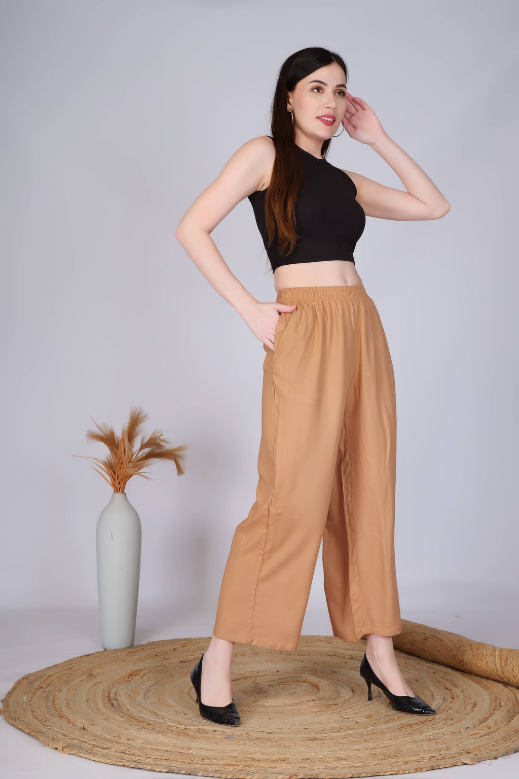 Dark Beige Straight Palazzo Pants