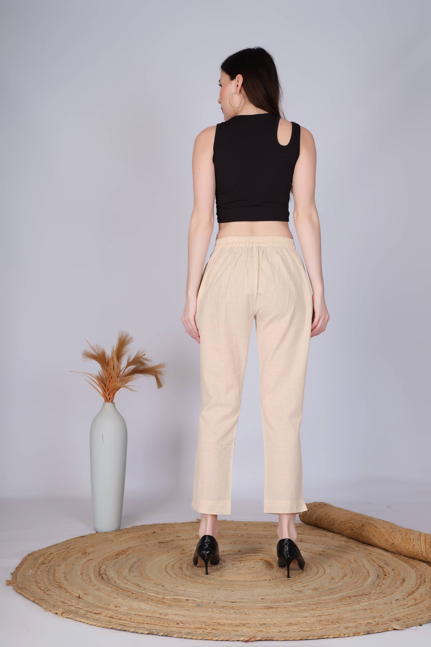 Beige Slim Fit Cotton Pants