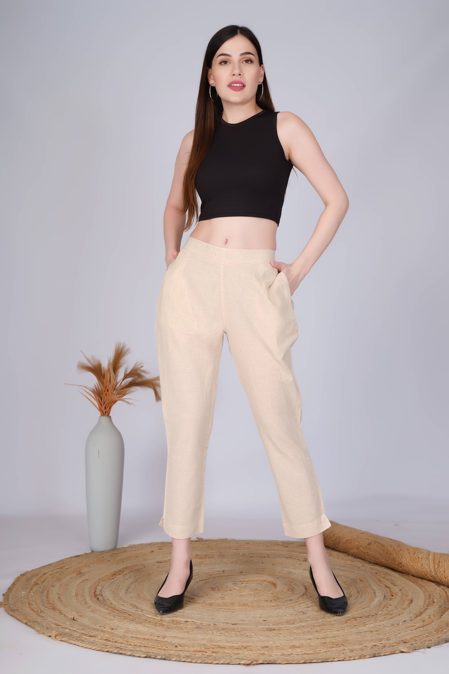 Beige Slim Fit Cotton Pants
