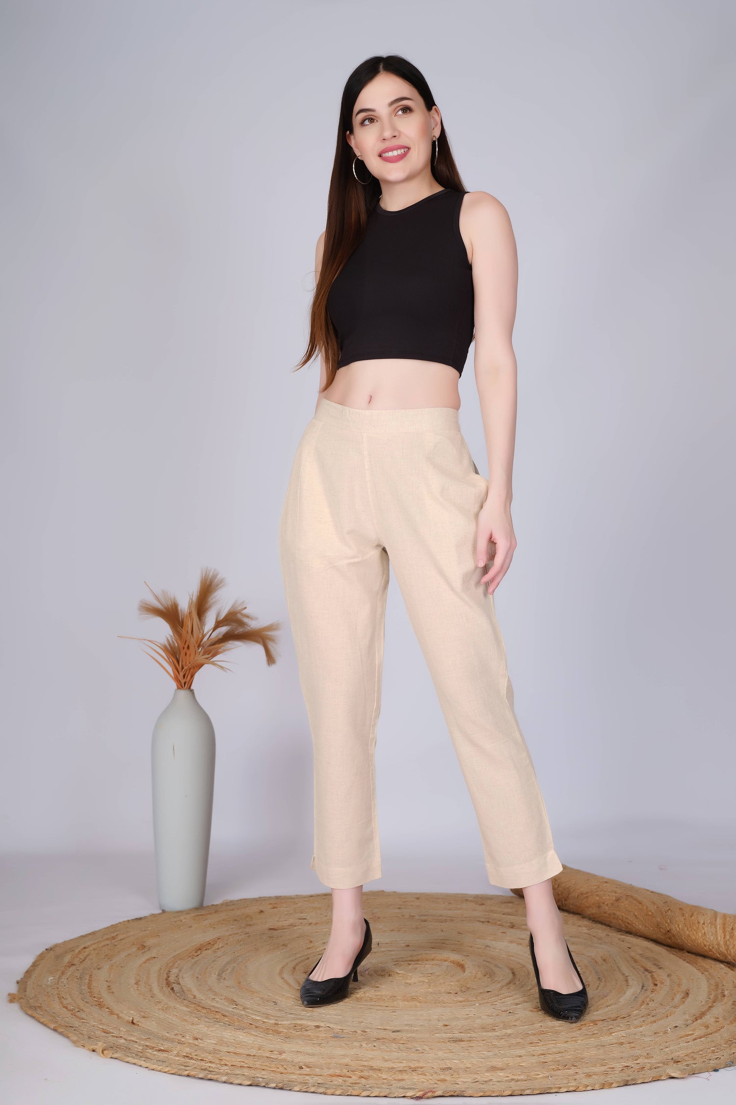 Beige Slim Fit Cotton Pants