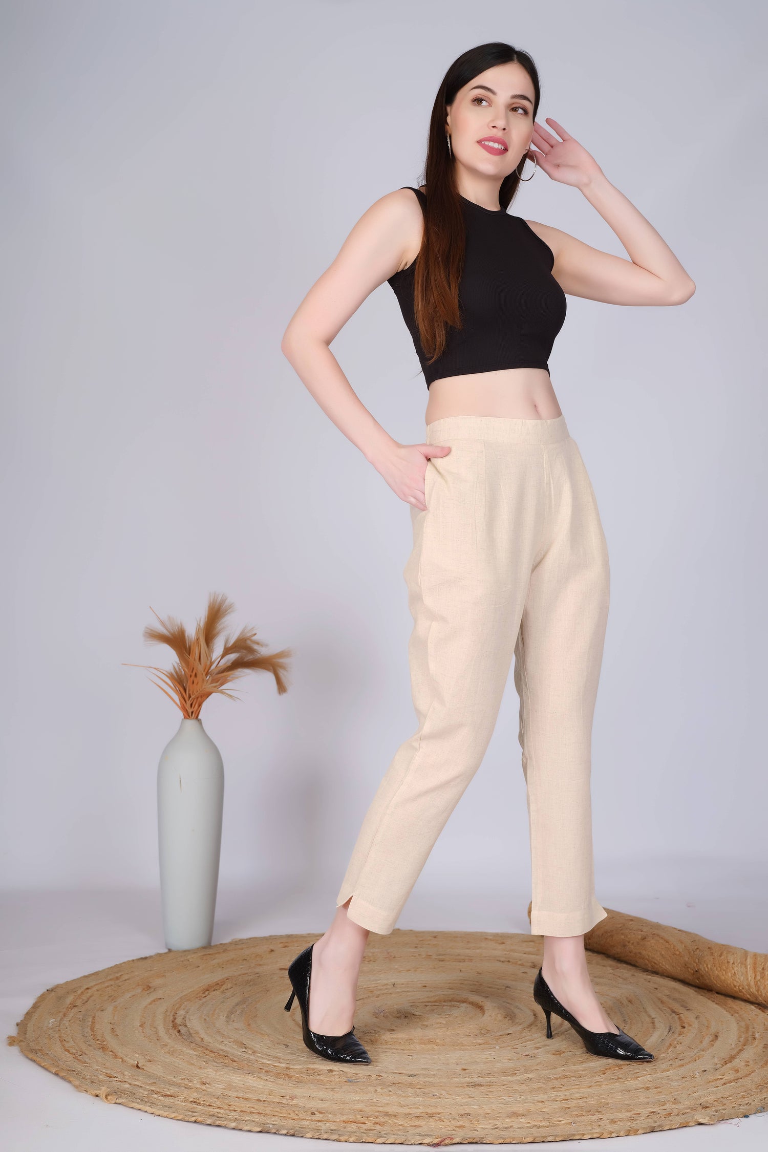 Beige Slim Fit Cotton Pants