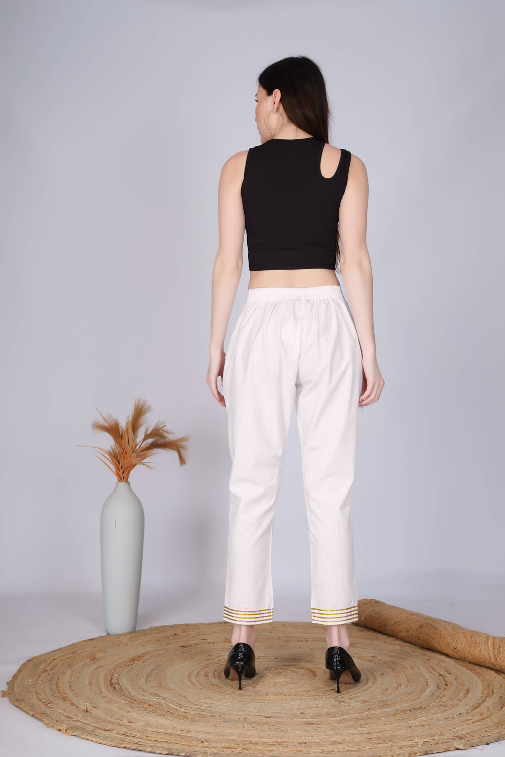 Off White Slim Fit Cotton Pants With Gold Lace Hem