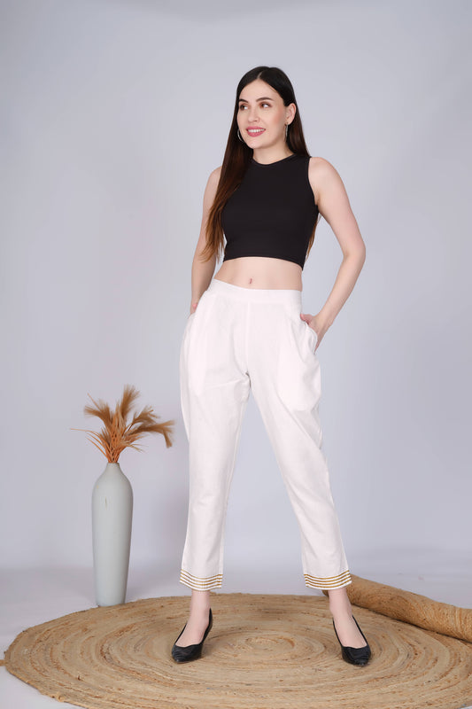 Off White Slim Fit Cotton Pants With Gold Lace Hem