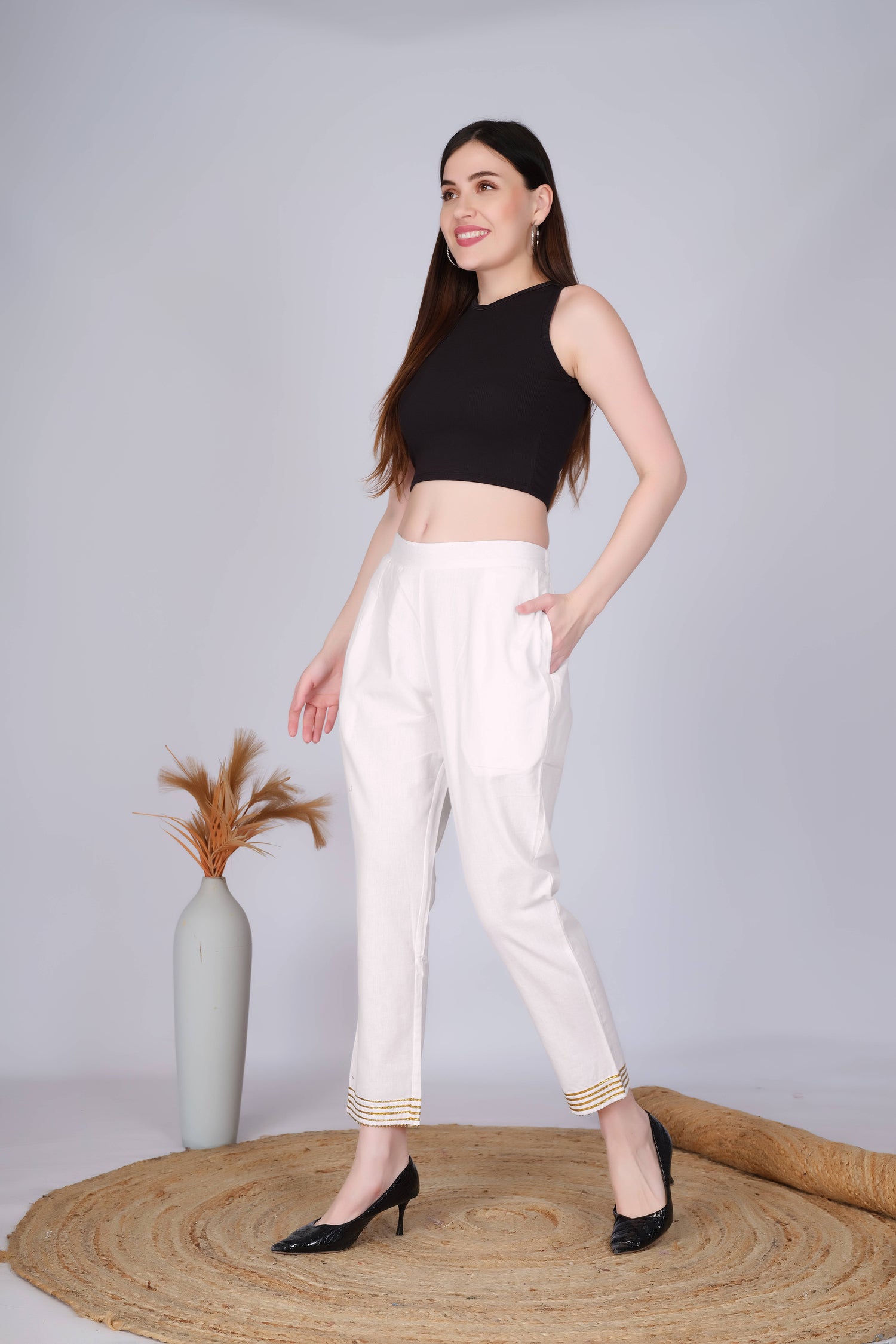 Off White Slim Fit Cotton Pants With Gold Lace Hem