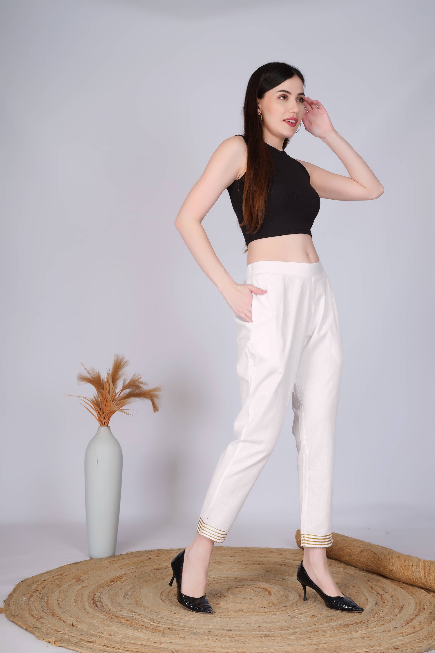 Off White Slim Fit Cotton Pants With Gold Lace Hem