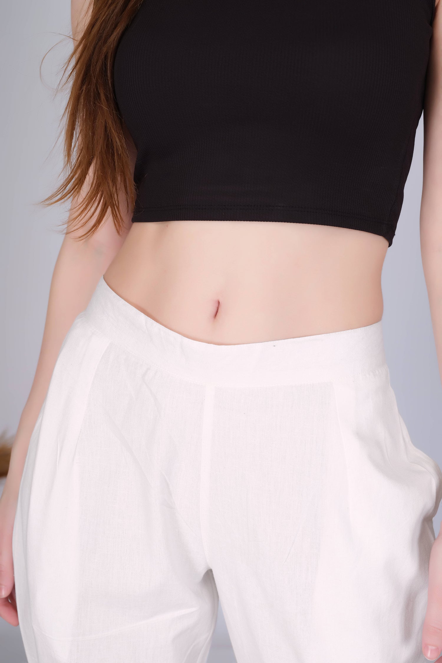 Off White Slim Fit Cotton Pants With Gold Lace Hem