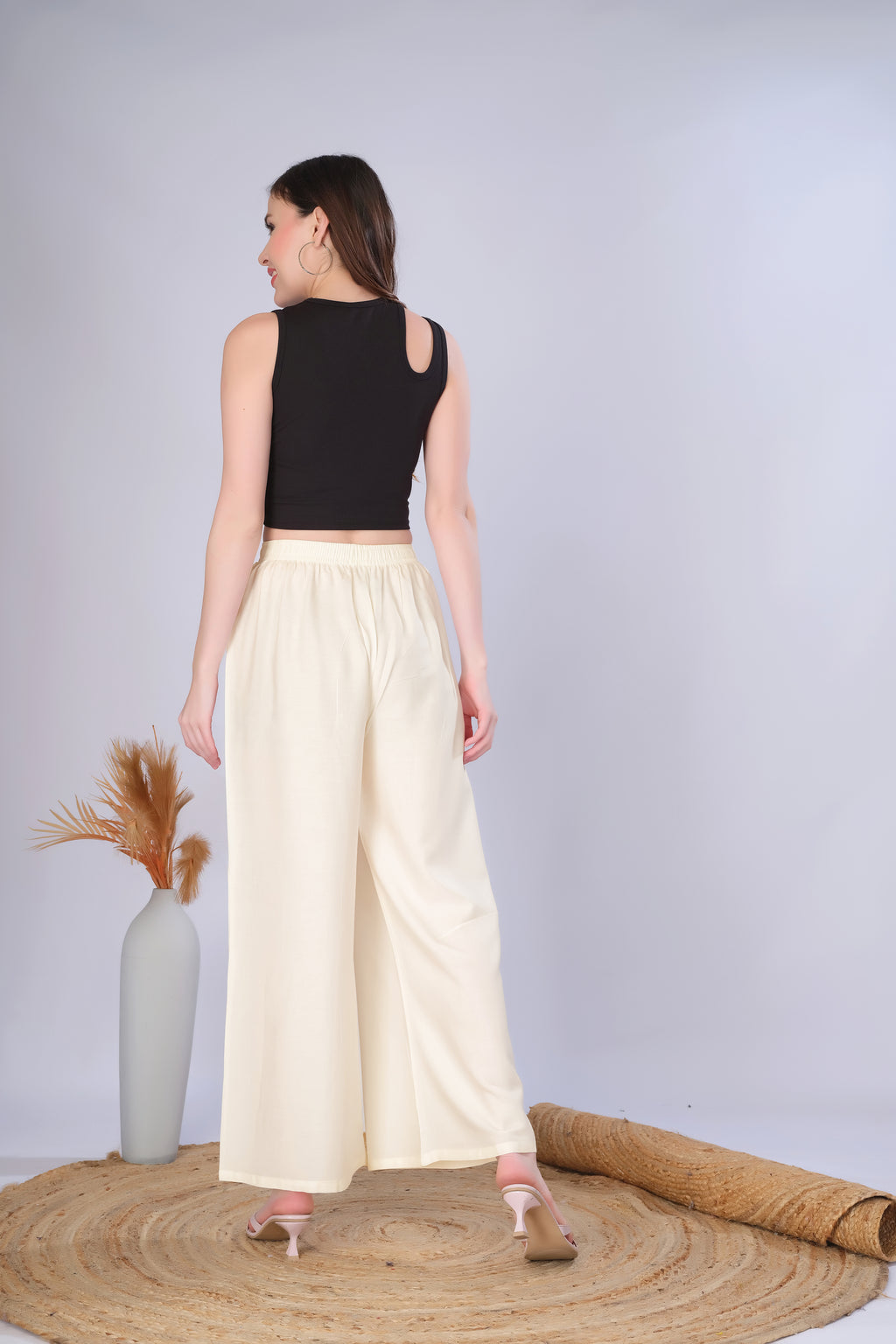 Flared Cream Palazzo Pants With Pocket