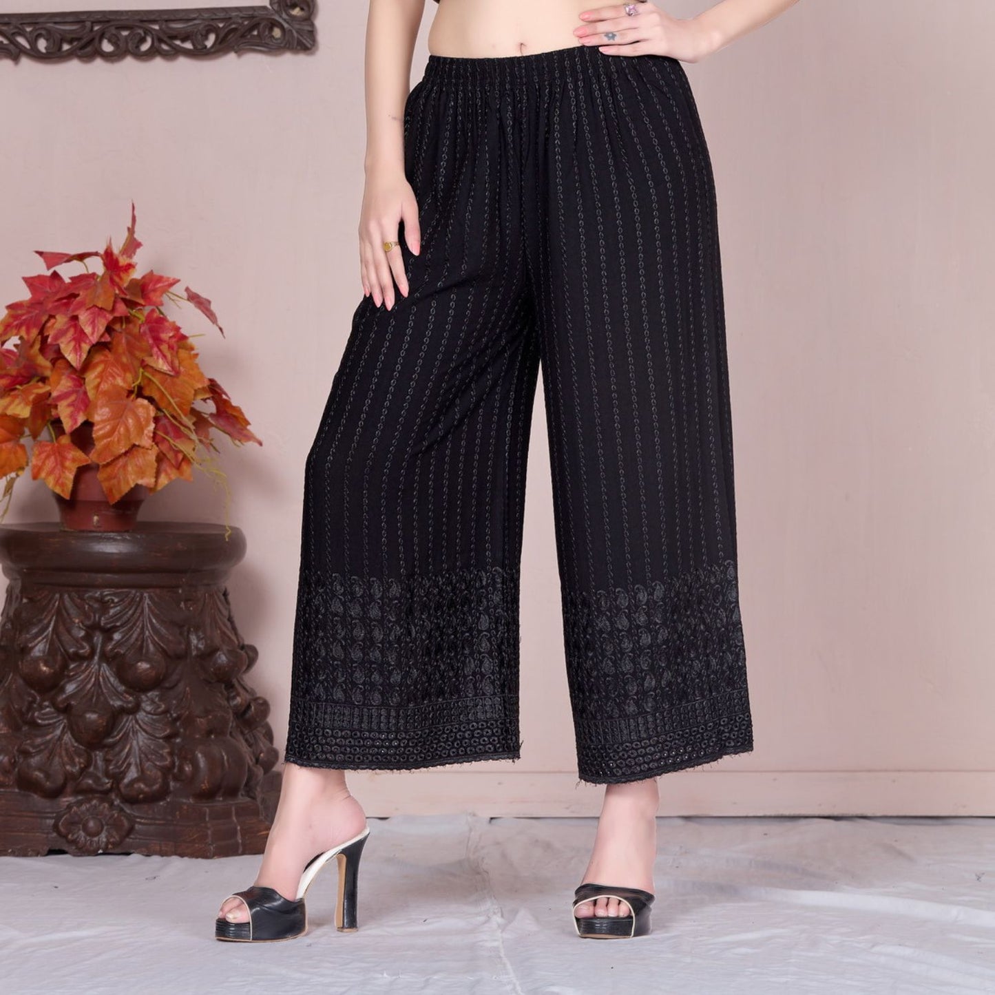 Flared Black Chikan (Embroidered) Palazzo Pant