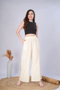 Flared Cream Palazzo Pants With Pocket