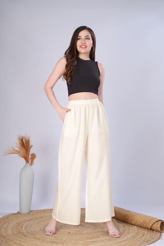 Flared Cream Palazzo Pants With Pocket