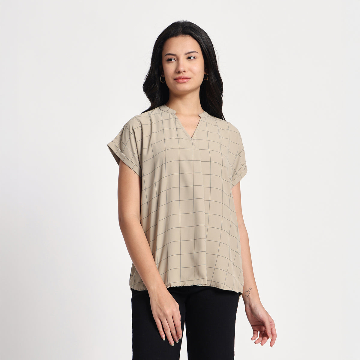 Vintage Beige Geometric Checks Top