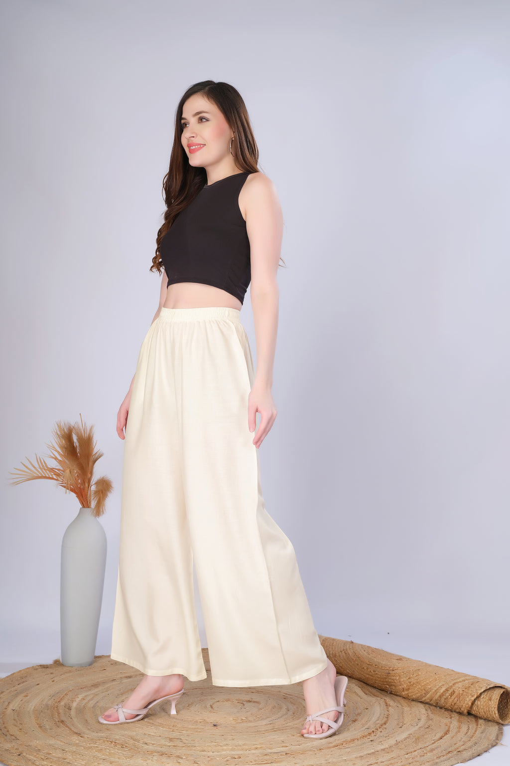 Flared Cream Palazzo Pants With Pocket