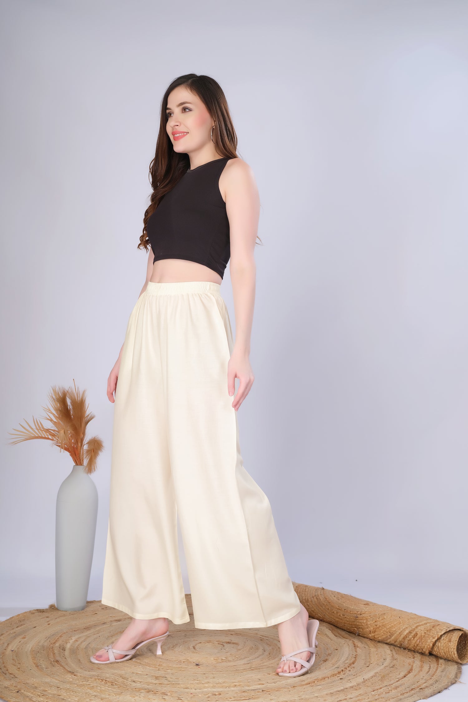 Flared Cream Palazzo Pants With Pocket