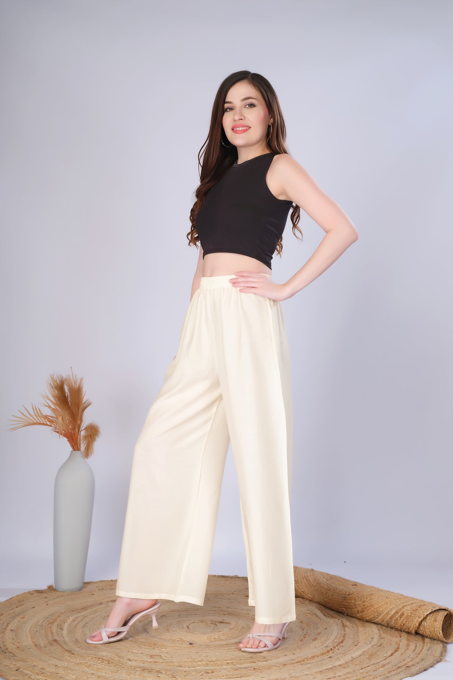 Flared Cream Palazzo Pants With Pocket