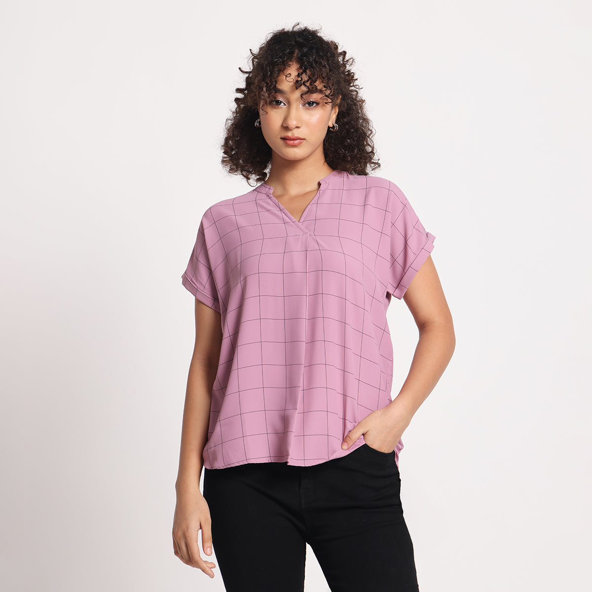 Mauve Pink Geometric Checks Top
