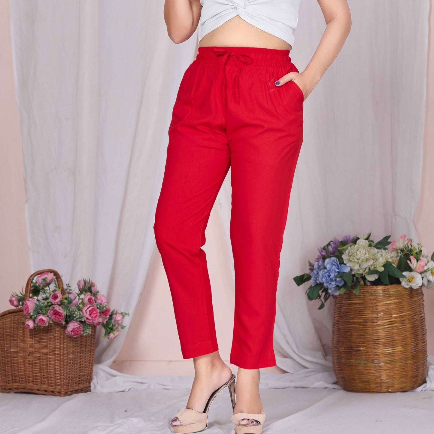 Plus Size Slim Fit Mid-Rise Red Narrow Pant