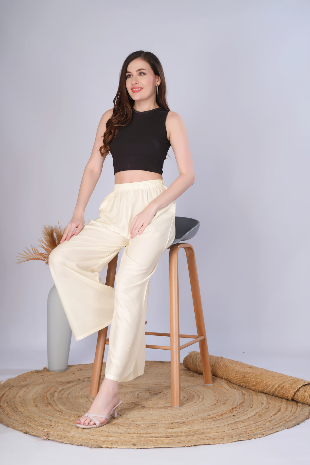 Flared Cream Palazzo Pants With Pocket