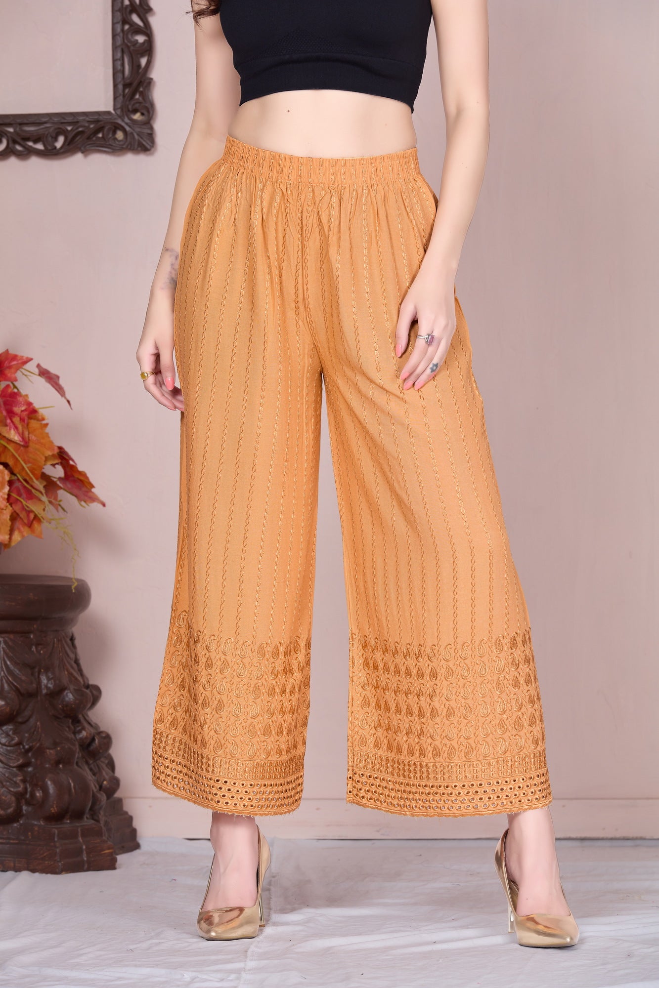 Flared Dark Beige Chikan (Embroidered) Palazzo Pant