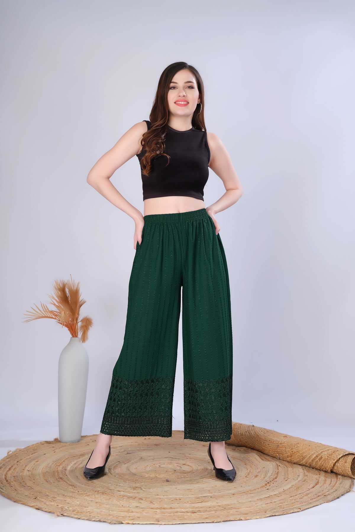 Flared Bottle Green (Embroidered) Palazzo Pant