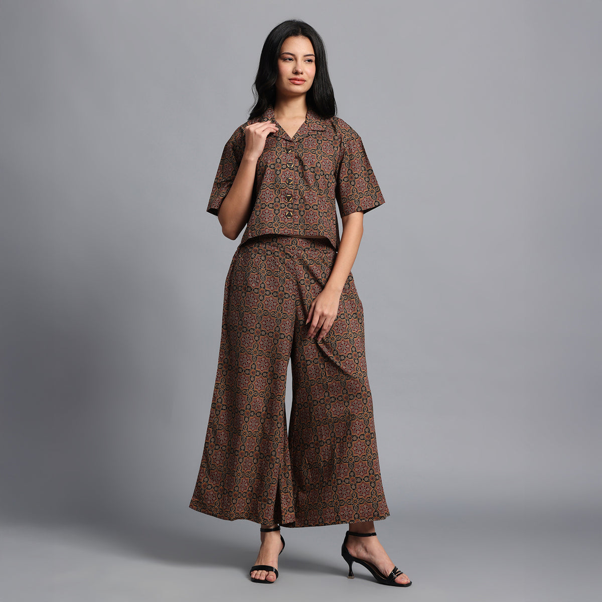 Black and Mustard Ajrakh Geometric Print Cotton Coord set