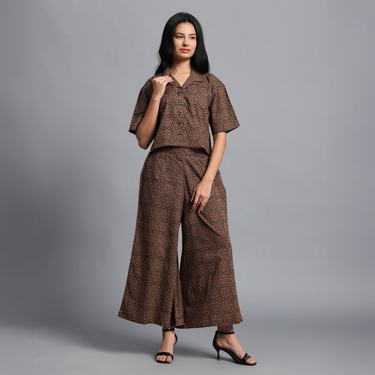 Black and Mustard Ajrakh Geometric Printed Cotton Coord Set