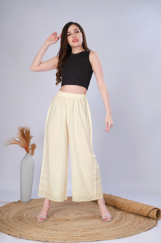 Flared Cream (Embroidered) Palazzo Pant