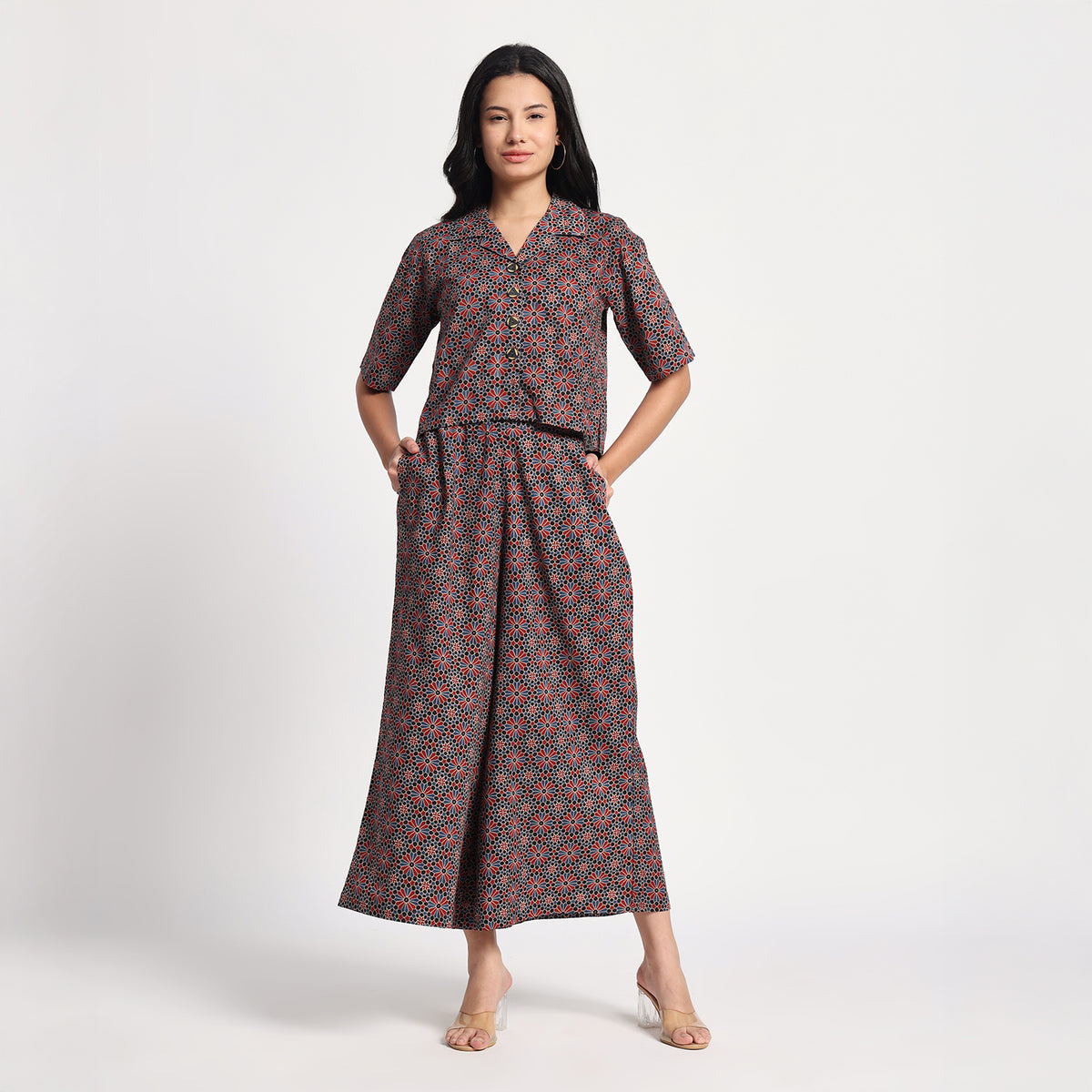 Navy Blue & Maroon Ajrakh Print Cotton Coord set