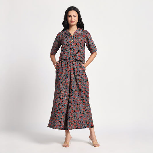 Red and blue Ajrakh Printed Cotton Coord set