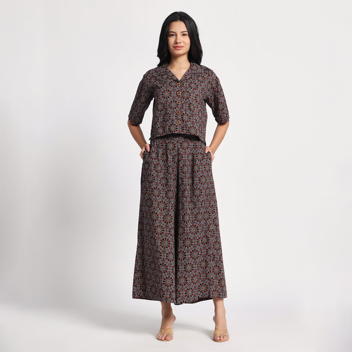 Blue and Maroon Ajrakh Geometric print Cotton Coord set