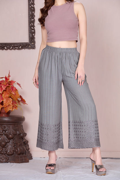 Flared Grey Chikan (Embroidered) Palazzo Pant