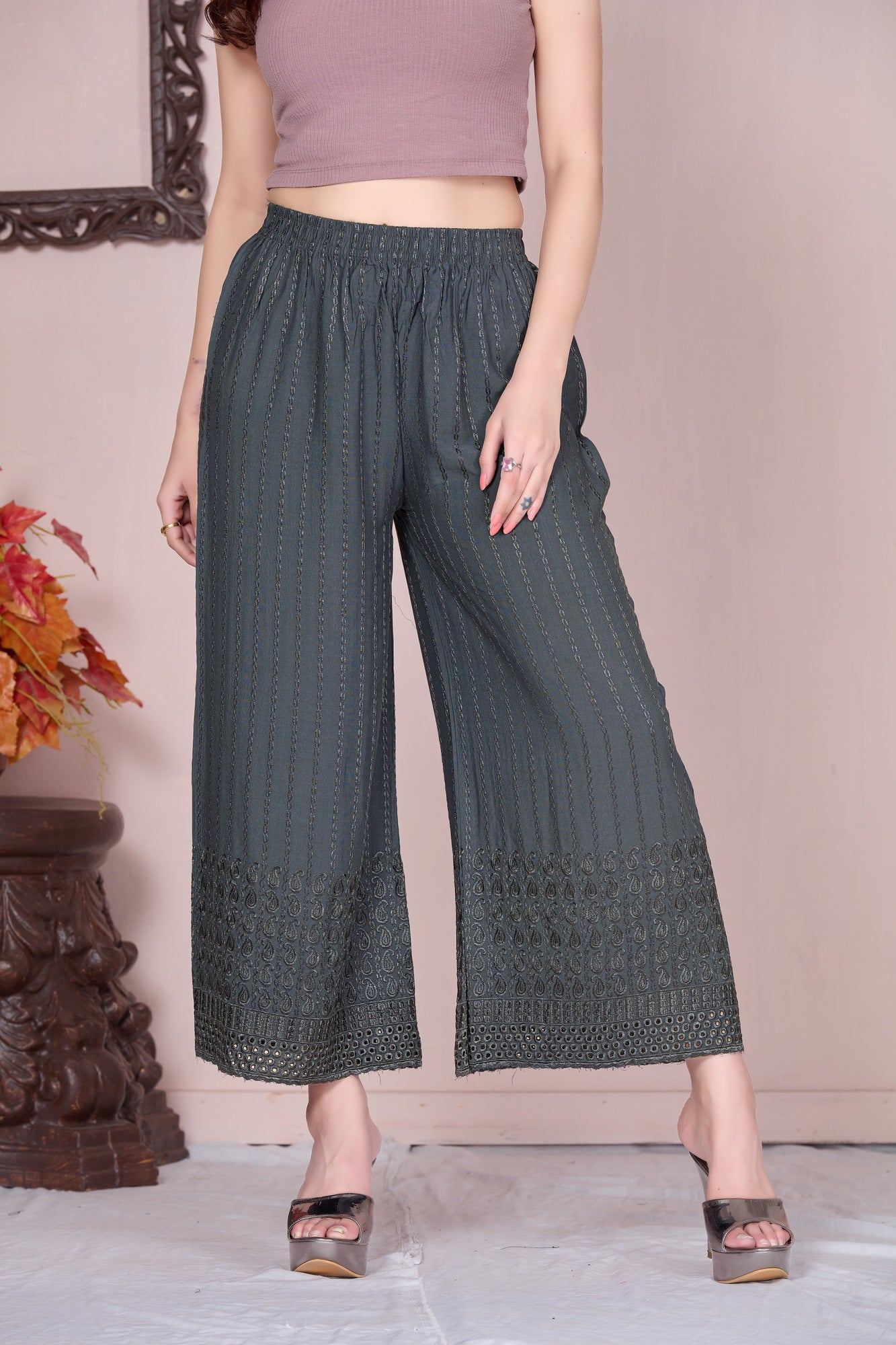 Flared Dark Grey Chikan (Embroidered) Palazzo Pant