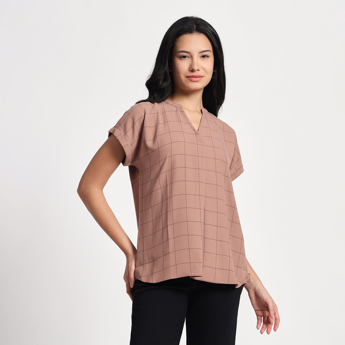 Dusty Brown Geometric Check Top