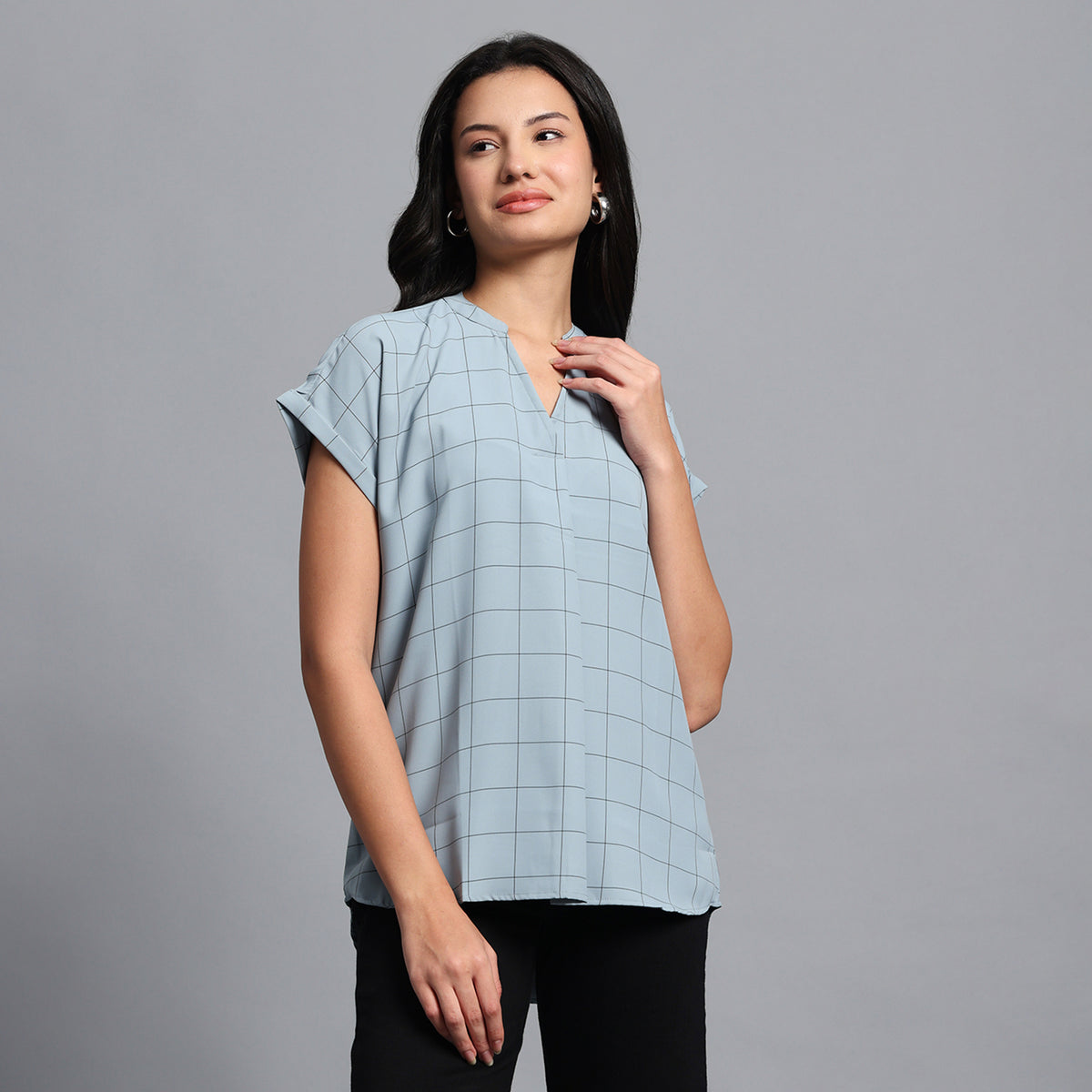 Dusty Blue Geometric Check Top