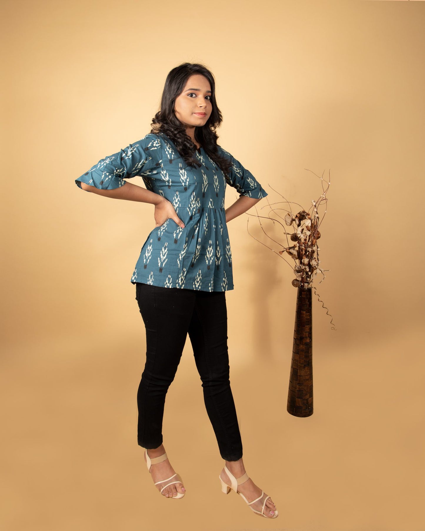 Cadet Blue Ikat Print Top