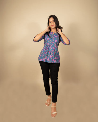 Navy Blue Vine Print Top