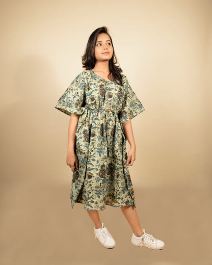 Olive Green Floral Print Short Kaftan