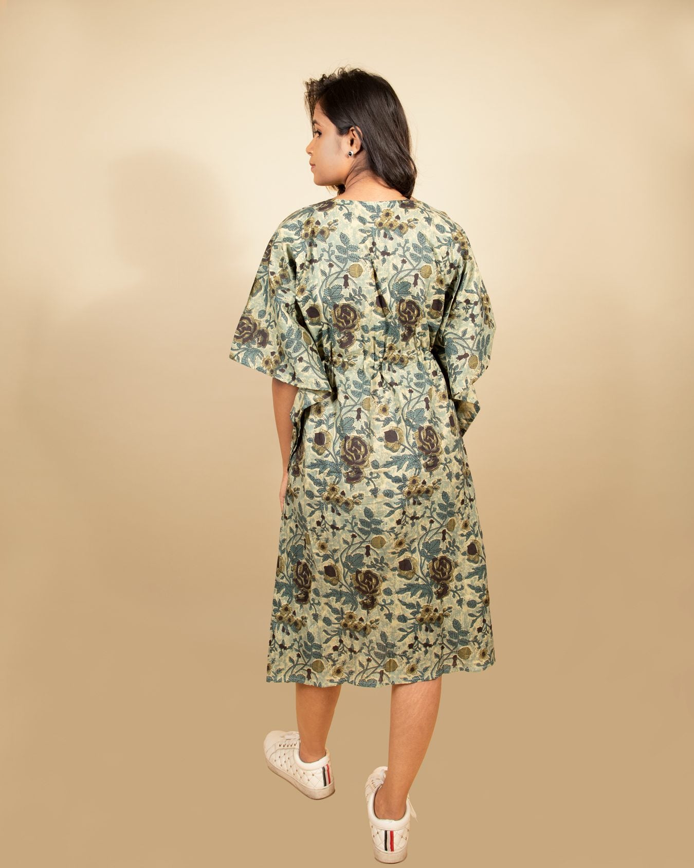 Olive Green Floral Print Short Kaftan