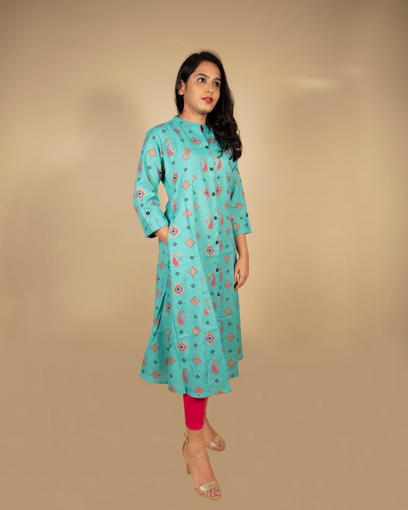 Pastel Blue Buta Print Kurti with Pocket