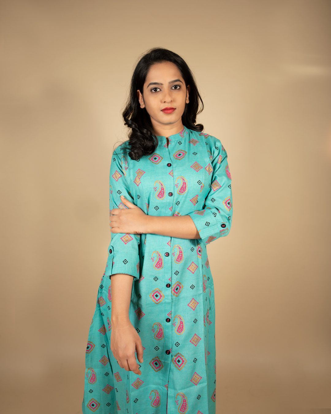 Pastel Blue Buta Print Kurti with Pocket