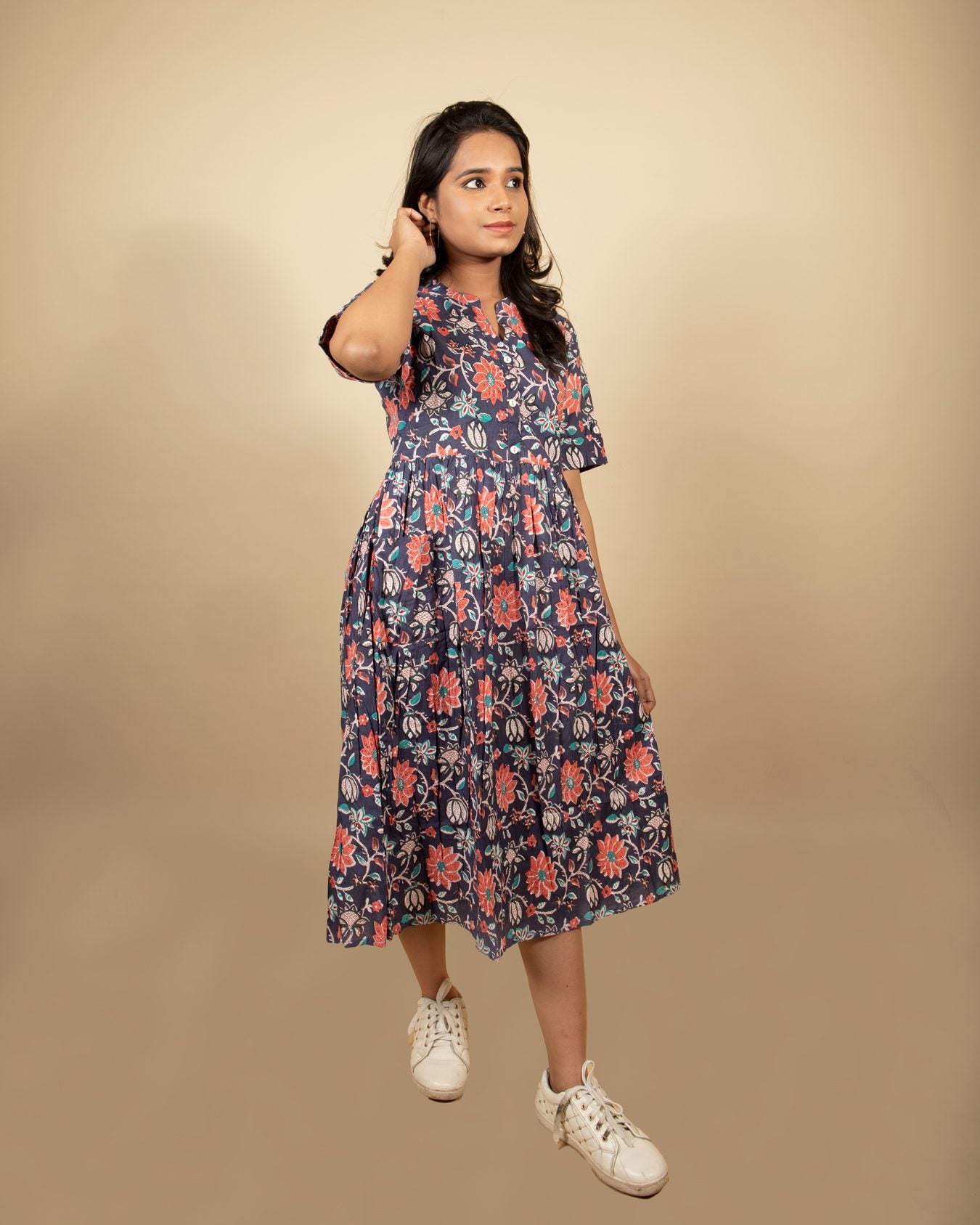 Navy Blue Vine Print Kurti with Pocket