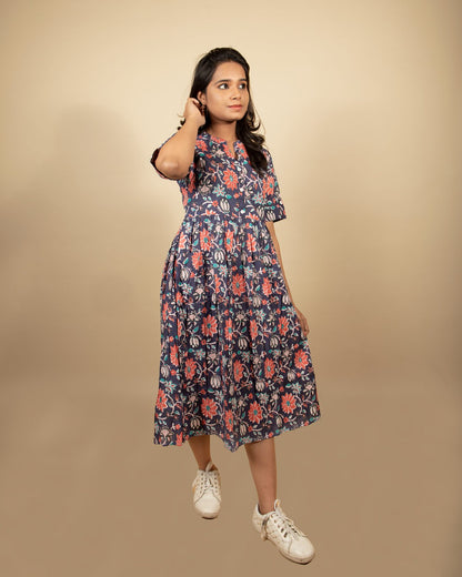 Navy Blue Vine Print Kurti with Pocket