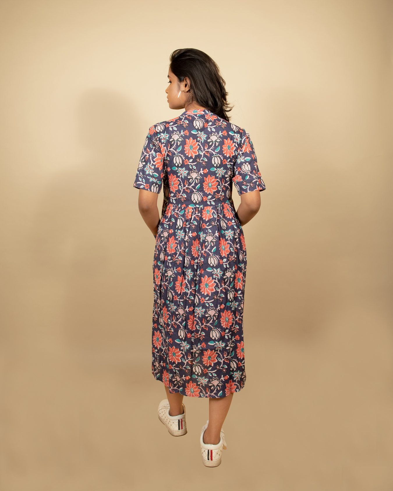 Navy Blue Vine Print Kurti with Pocket