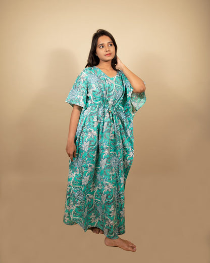 Sea Green Vine Print Long Kaftan