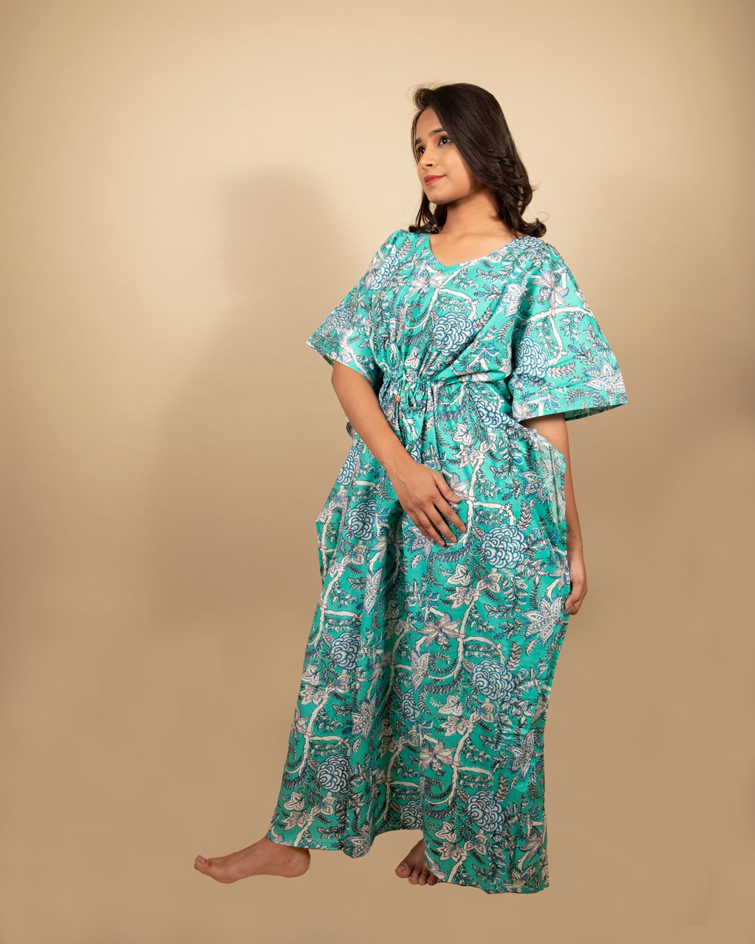 Sea Green Vine Print Long Kaftan