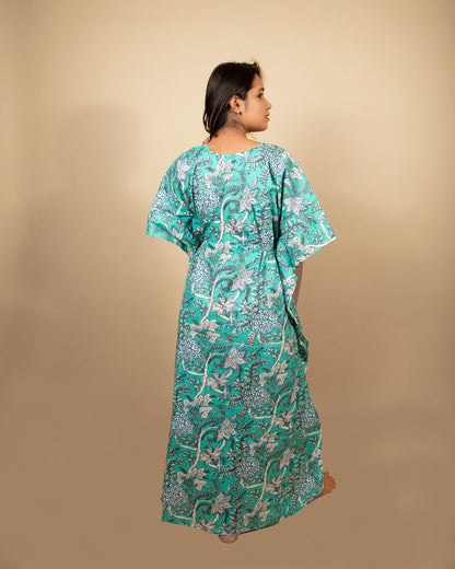 Sea Green Vine Print Long Kaftan