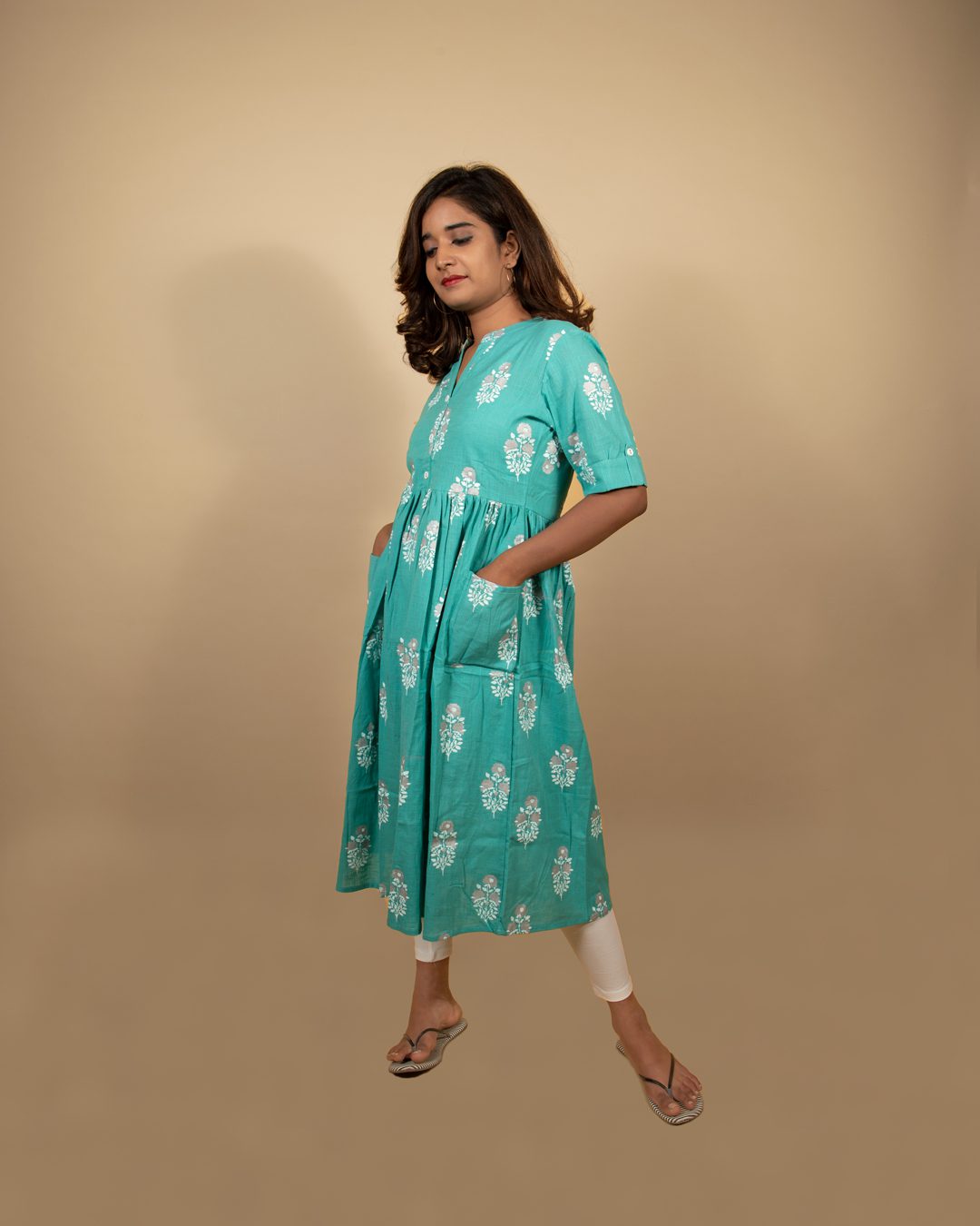 Sea Green Buta Print Kurti with Pocket