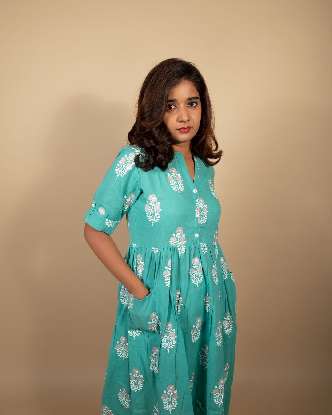 Sea Green Buta Print Kurti with Pocket