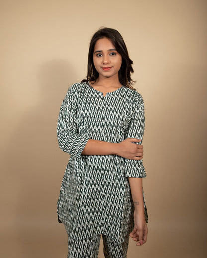 Bottle Green Ikat Print Top Set